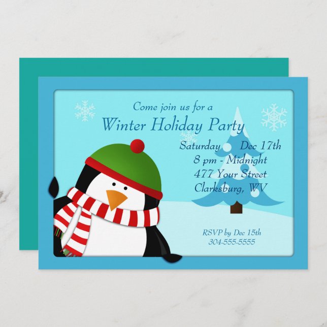 Convite Partido Penguin Winter Holiday (Frente/Verso)
