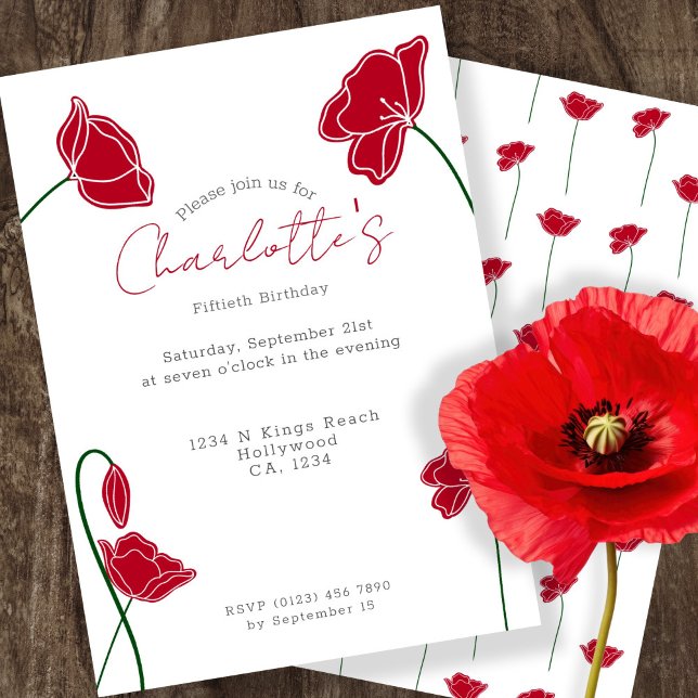 Convite Partido Personalizado da Flor Vermelha Poppy (Red Poppy Flower Personalized Party Invitation by Ricaso. Ideal for occasions including birthdays)