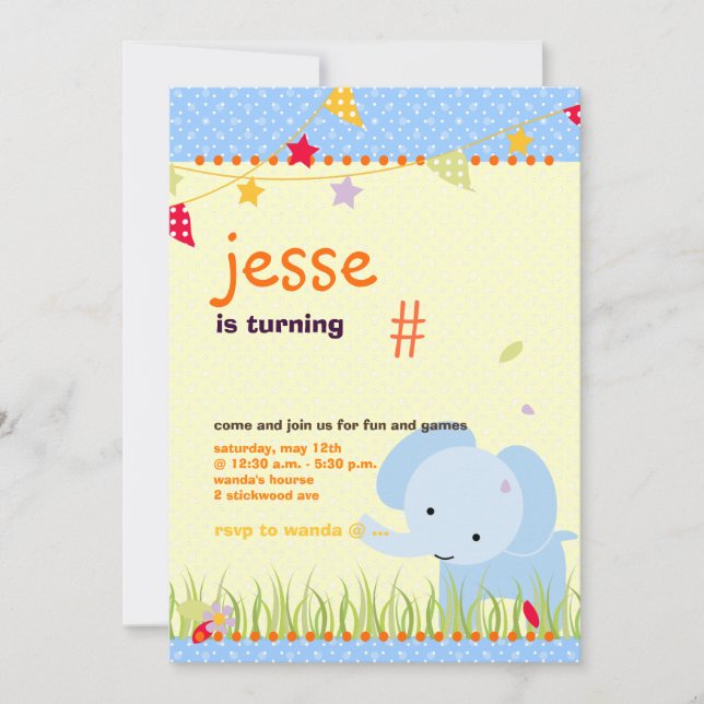 Convite Partido Personalizado do Elefante Azul Bebê (Frente)