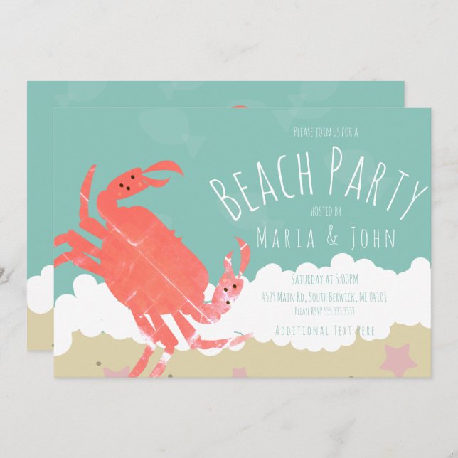 Convite Partido Praia Crab Areia Ondas Oceânicas (Frente/Verso)