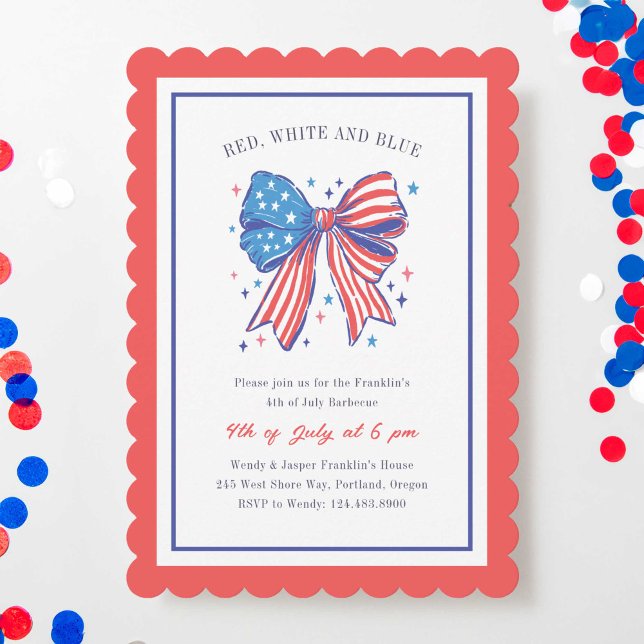 Convite Partido Preppy USA Flag Arco 4 de julho (preppy bow 4th of July party invitation)