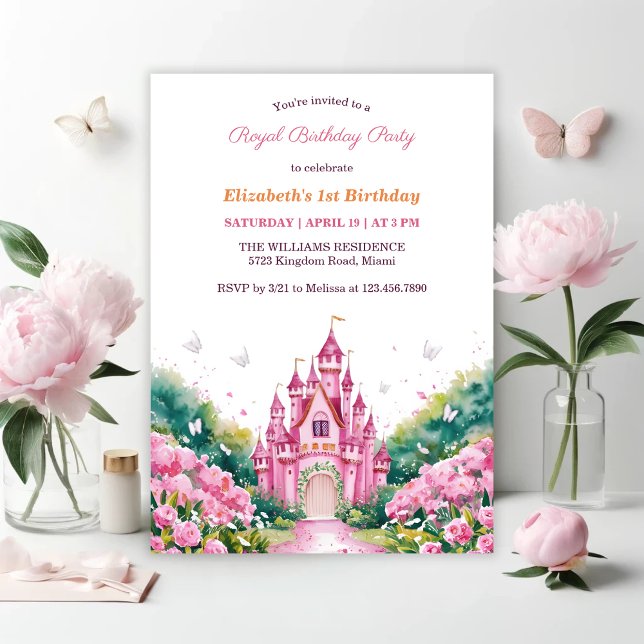 Convite Partido primeiro aniversario da Princesa Real Rosa (Pink Royal Princess Castle 1st Birthday Party Invitation)