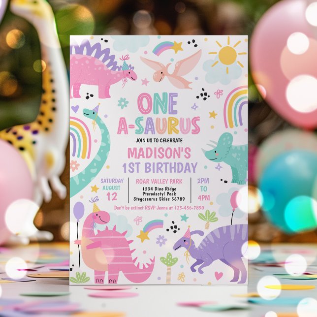 Convite Partido primeiro aniversario Dinossauro One-A-Saur (Criador carregado)