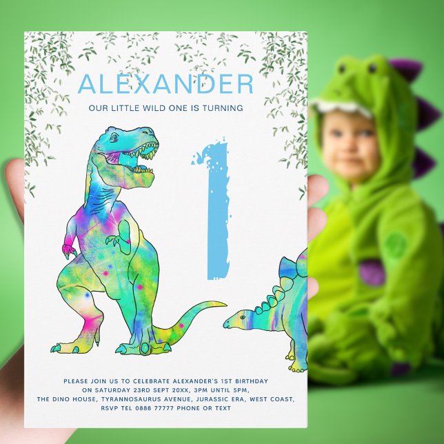 Convite Partido primeiro aniversario do Dinossauro selvage (Dinosaur wild one boys blue color theme 1st birthday party invitation colorful T-Rex & stegosaurus )