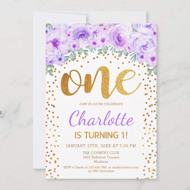 Convite Partido primeiro aniversario - Dourado Roxo Branco (Frente)