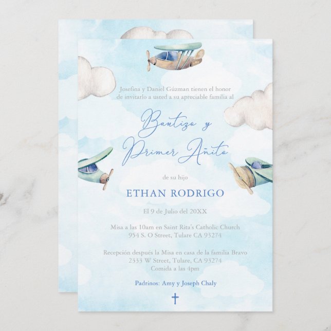 Convite Partido primeiro aniversario Latino Baptism Em Esp (Frente/Verso)