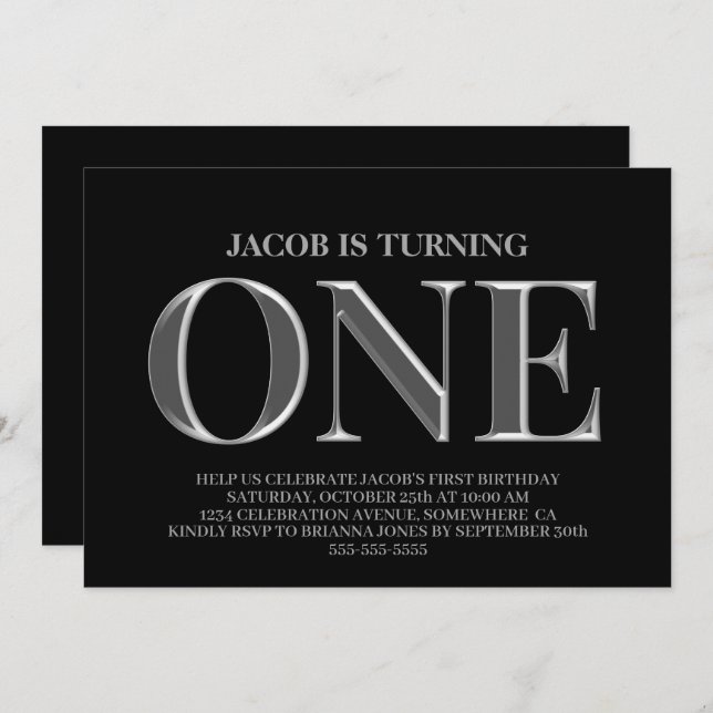 Convite Partido primeiro aniversario Negro e Prata Minimal (Frente/Verso)
