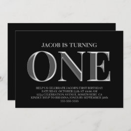 Convite Partido primeiro aniversario Negro e Prata Minimal