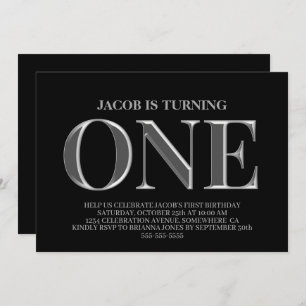 Convite Partido primeiro aniversario Negro e Prata Minimal
