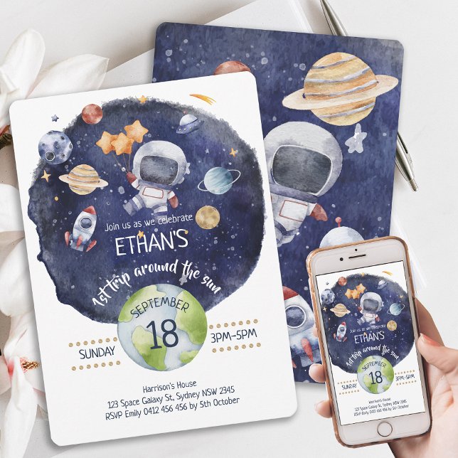 Convite Partido primeiro aniversario Personalizar Galáxia  (Astronaut Galaxy Personalize 1st Birthday Party Invitation)