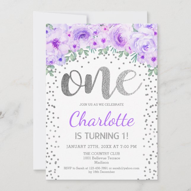 Convite Partido primeiro aniversario - Prata Branca Roxo (Frente)