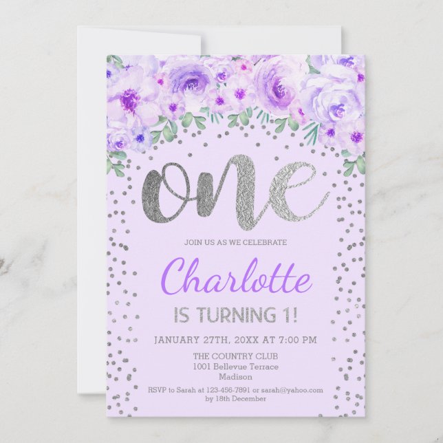 Convite Partido primeiro aniversario - Prata Roxo (Frente)