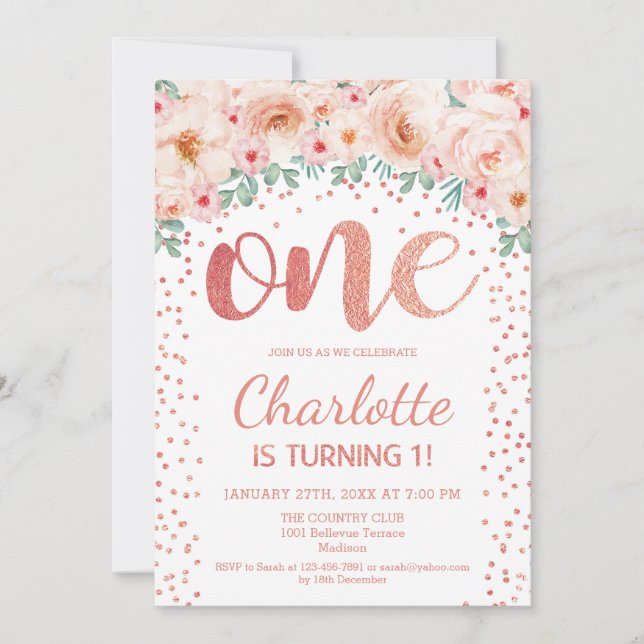 Convite Partido primeiro aniversario - Rosa Branca Dourada (Frente)