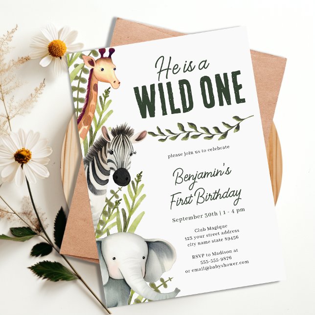 Convite Partido primeiro aniversario Selvagem Safari Green (Wild One Jungle Safari Greenery 1st Birthday Party Invitation)