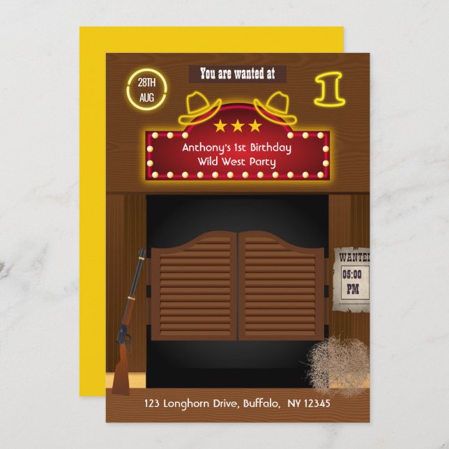 Convite Partido primeiro aniversario Wild West Cowboy (Frente/Verso)
