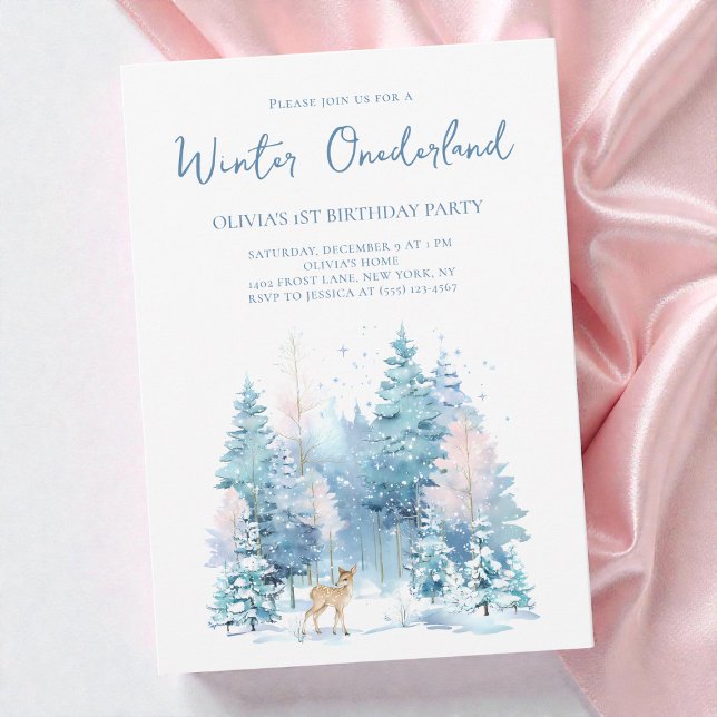 Convite Partido primeiro aniversario Woodland Deer Winter  (Woodland Deer Winter Wonderland 1st Birthday Party Invitation)