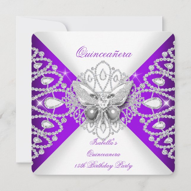 Convite Partido Quinceanera 15 Roxo Butterfly Tiara (Frente)