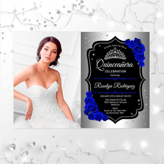 Convite Partido Quinceanera Com Foto - Azul Real Prateado (Criador carregado)