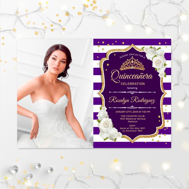 Convite Partido Quinceanera Com Foto - Branco Dourado Roxo (Criador carregado)
