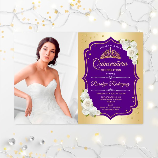 Convite Partido Quinceanera Com Foto - Dourado Roxo (Criador carregado)