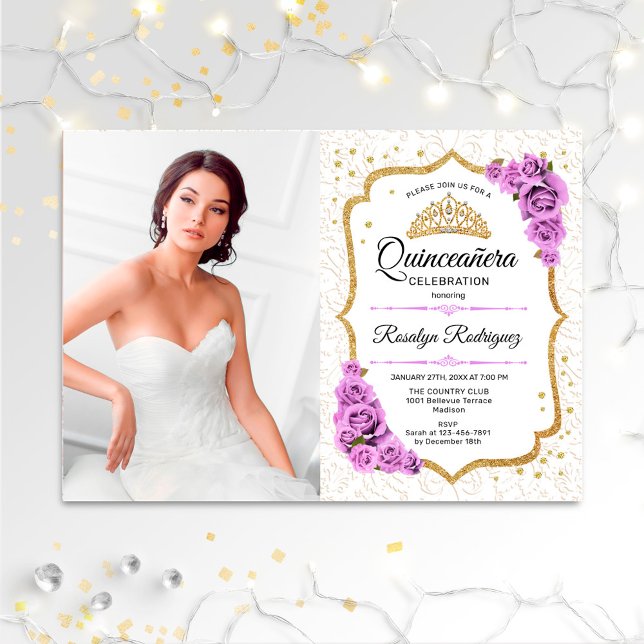 Convite Partido Quinceanera Com Foto - Dourado Roxo Branco (Criador carregado)