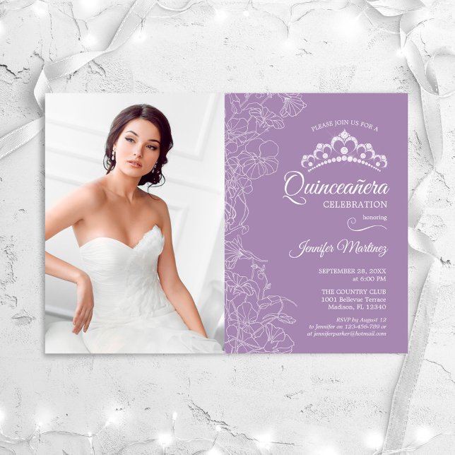Convite Partido Quinceanera Com Foto - Floral Branco Roxo (Criador carregado)