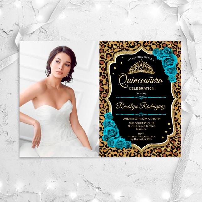 Convite Partido Quinceanera Com Foto - Leopard Print Teal (Criador carregado)