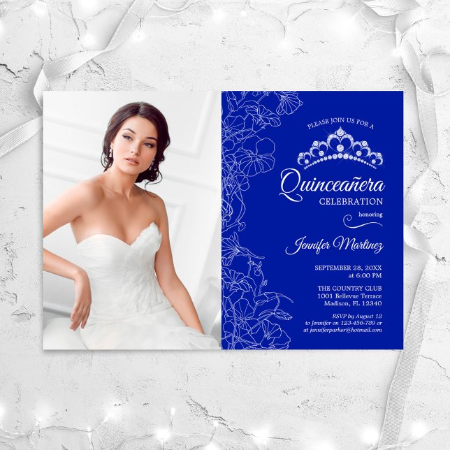 Convite Partido Quinceanera Com Foto - Royal Blue Floral (Criador carregado)