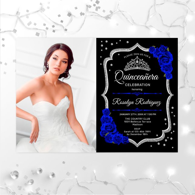 Convite Partido Quinceanera Com Foto - Royal Blue Silver (Criador carregado)