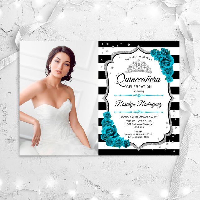 Convite Partido Quinceanera Com Foto - Teal Silver White (Criador carregado)