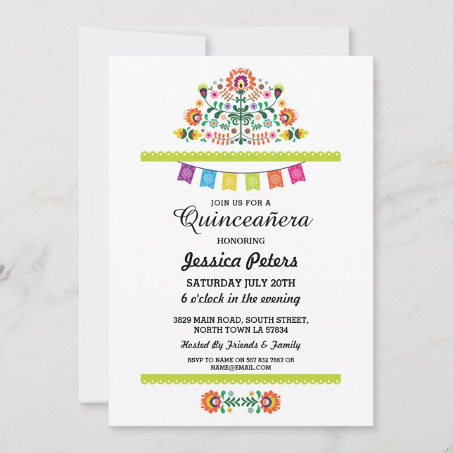 Convite Partido Quinceanera Floral Fiesta Mexicano Anivers (Frente)