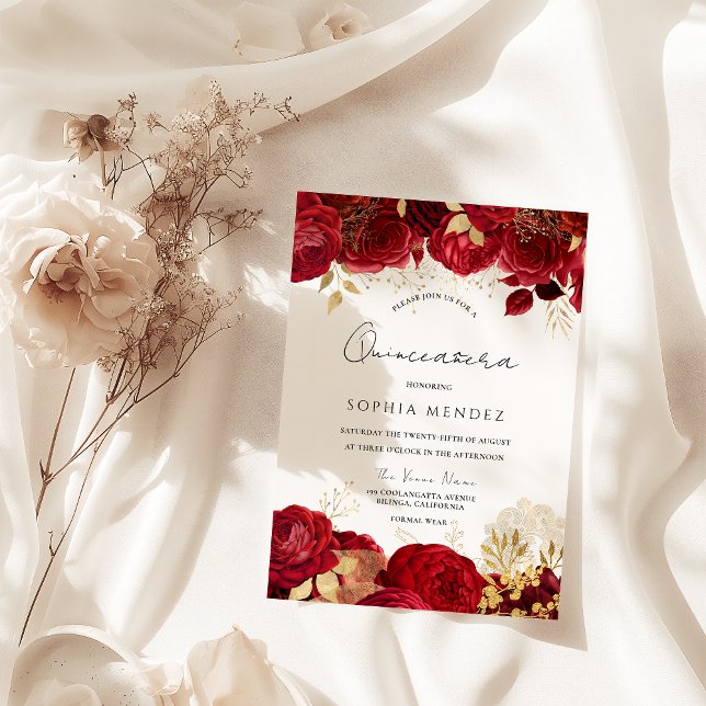 Convite Partido Quinceanera, folha Dourada da rosa vermelh (Criador carregado)