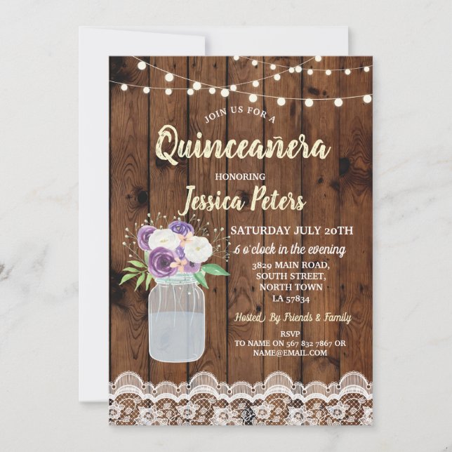 Convite Partido Quinceanera Madeira Lace Floral Jar Invite (Frente)