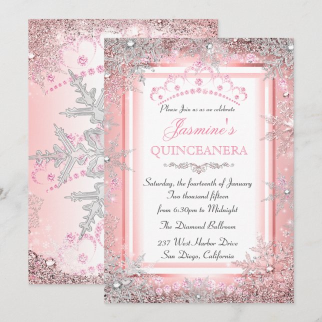 Convite Partido Quinceanera, Pink Silver Winter Wonderland (Frente/Verso)