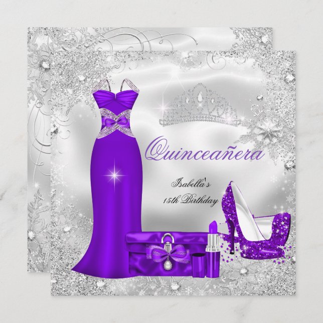 Convite Partido Quinceanera Purple Silver Flocos de Neve S (Frente/Verso)
