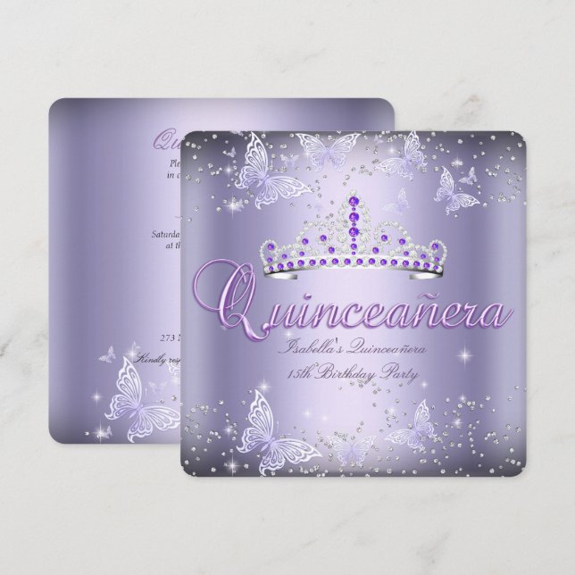 Convite Partido Quinceanera Purple Tiara Butterfly 2 (Frente/Verso)