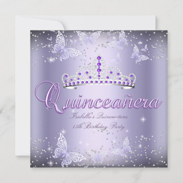 Convite Partido Quinceanera Purple Tiara Butterfly 2 (Frente)