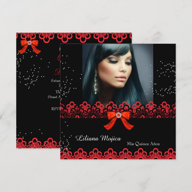 Convite Partido Quinceanera Red Lace Jewel Arco 2 (Frente/Verso)