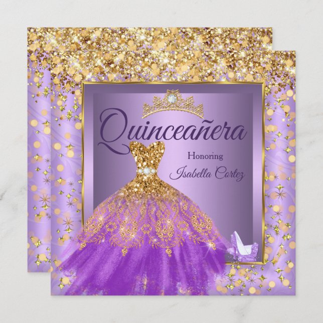 Convite Partido Quinceañera Roxo Vestido Alto Saltos Doura (Frente/Verso)