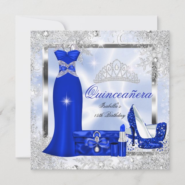Convite Partido Quinceanera Royal Blue Silver Flocos de Ne (Frente)