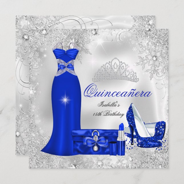 Convite Partido Quinceanera Royal Blue Silver Snowflakes S (Frente/Verso)