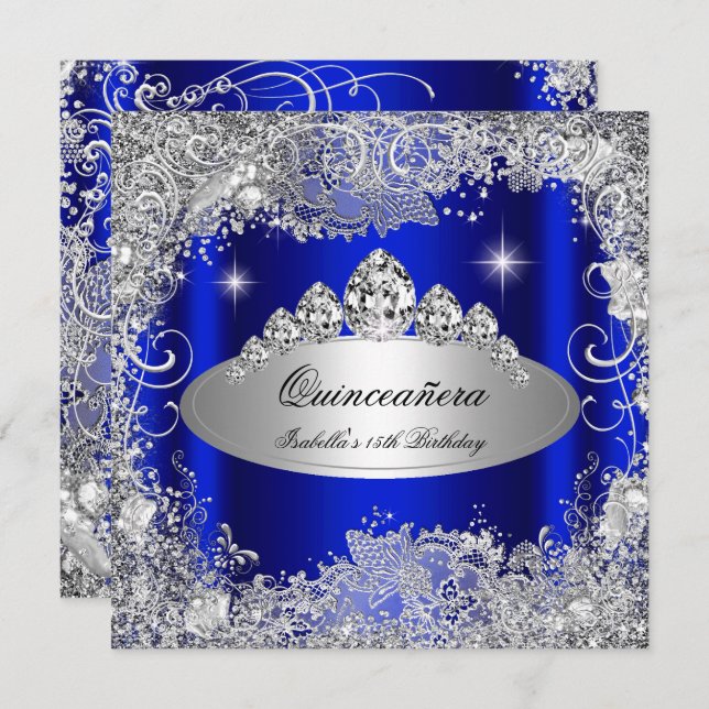 Convite Partido Quinceanera Royal Blue Silver Tiara (Frente/Verso)