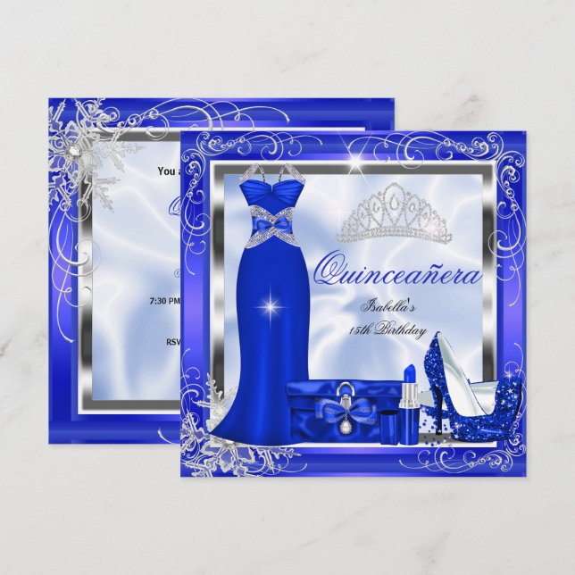 Convite Partido Quinceanera Royal Blue Silver Vestidos S5 (Frente/Verso)