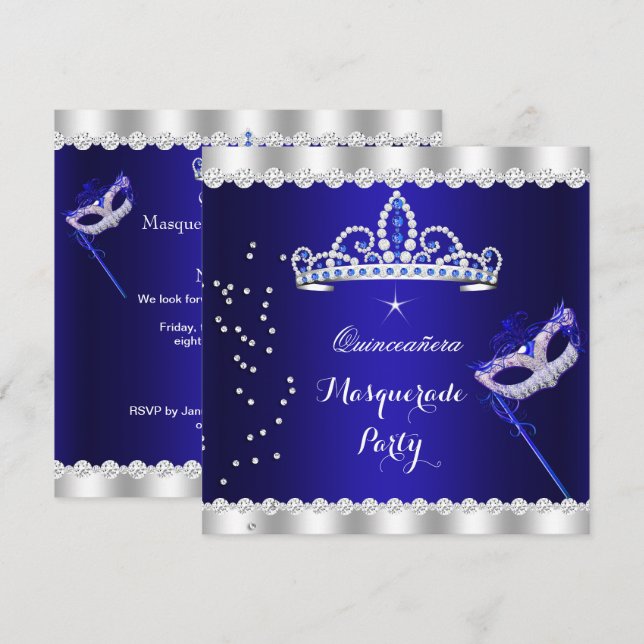 Convite Partido Quinceanera Royal Blue Tiara Mascarada (Frente/Verso)