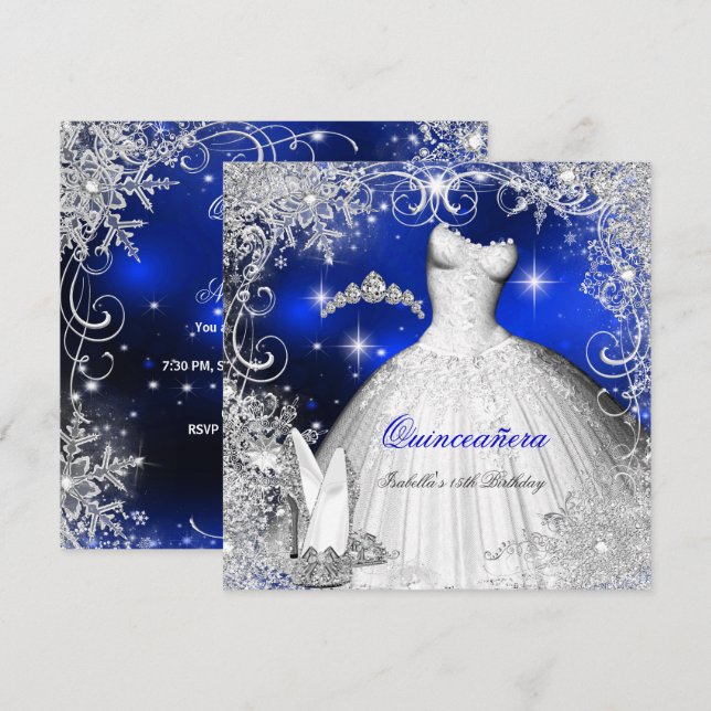 Convite Partido Quinceanera Royal Blue Winter Wonderland (Frente/Verso)