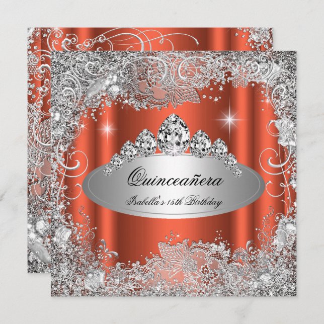 Convite Partido Quinceanera Rusty Orange Silver Tiara (Frente/Verso)