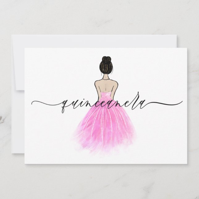 Convite Partido Quinceanera, Script de Vestido Rosa Blush (Frente)