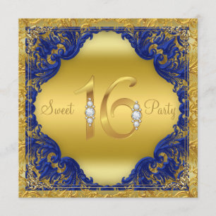 Convite Partido Real Blue Dourado Swirl Sweet 16