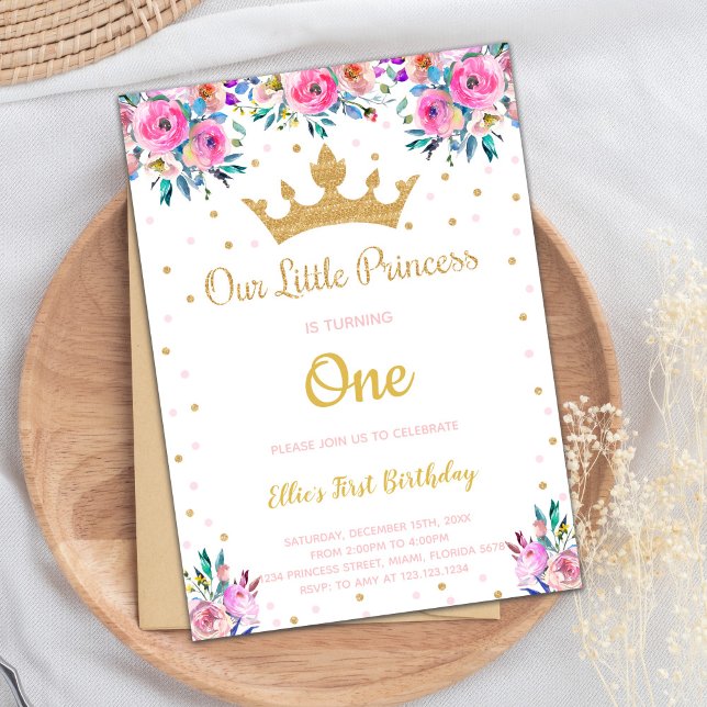Convite Partido Real Editável para Raparigas (Floral Crown Glitter Princess Birthday Invitations)