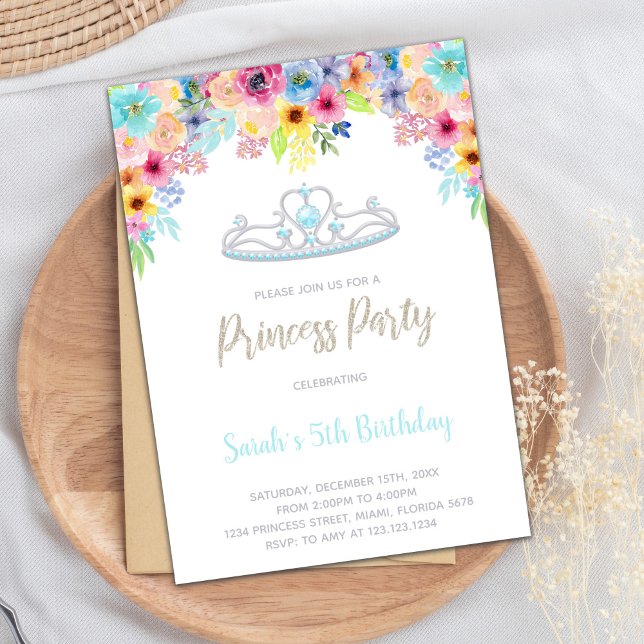 Convite Partido Real Elegante para Meninas (Silver Crown Floral Princess Birthday Invitations)